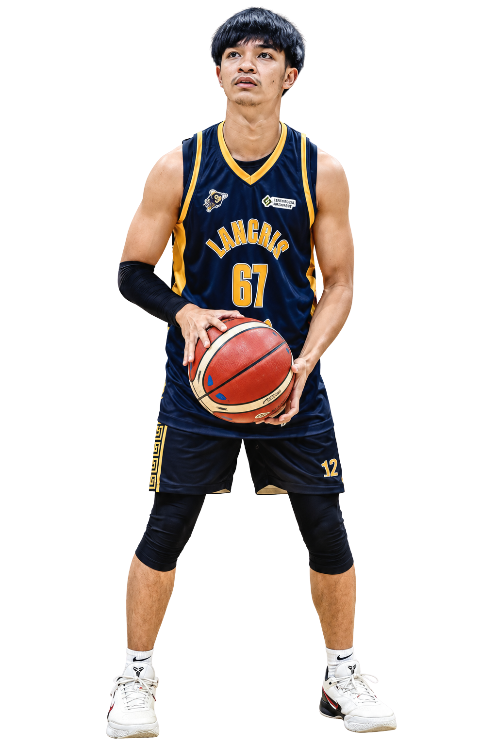 Gab Bosch holding a basketball in a navy and gold uniform